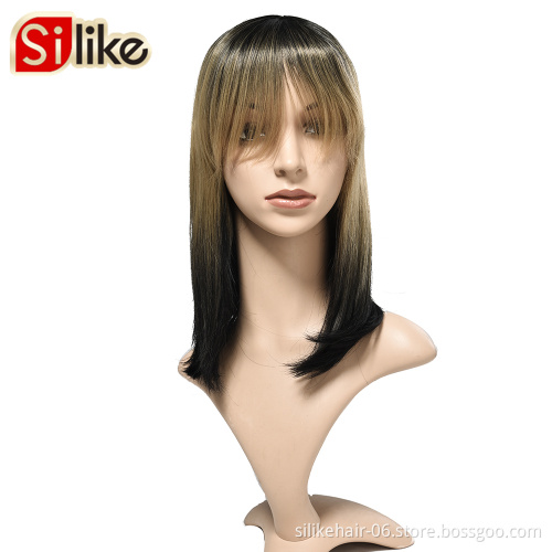 Synthetic Dyeing Gradient Short Straight Wigs Hair 16 Inches Straight with Flat Bangs for Women Natural As Real human wigs Hair